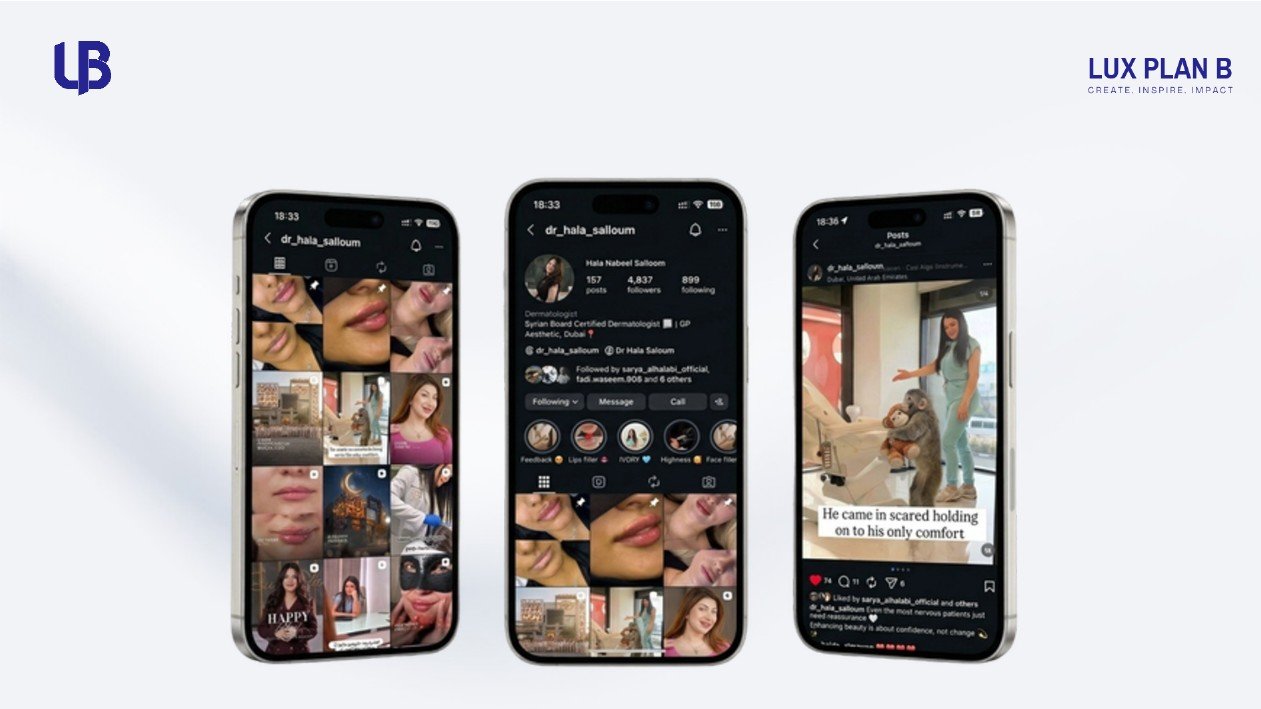 Dr. Hala Salloum Instagram grid, profile, and reel screenshots