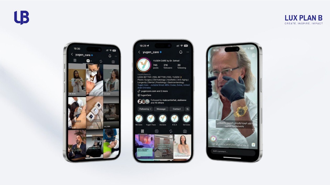 Yugen Care Instagram grid, profile, and reel screenshots